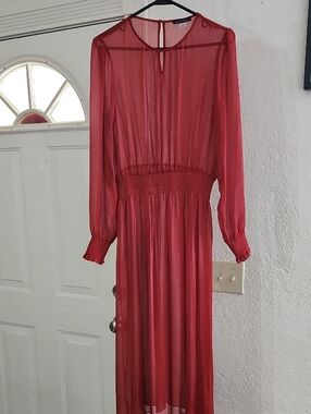 Tommy Hilfiger Red Pleated Chiffon Smocked Midi Dress Sz 12 Sheer  Wedding Guest